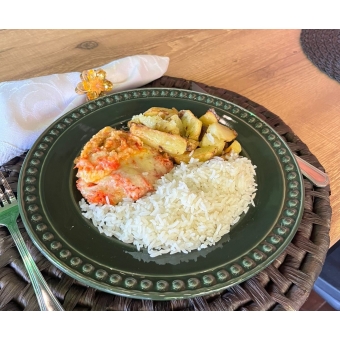 Frango à parmegiana, batata assada e arroz branco - 350g